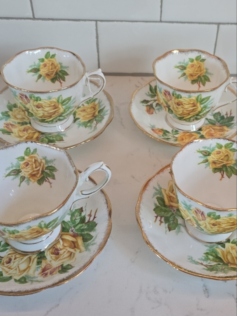 Royal Albert Yellow Rose Porcelain Teacup & Saucer Set with Gold Trim, Set Of 4
